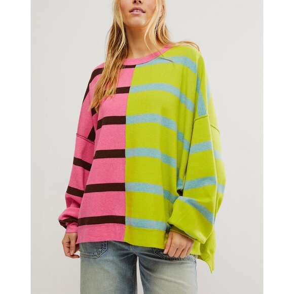 Free People Pink and Green Striped Sweatshirt - Picture 1 of 8